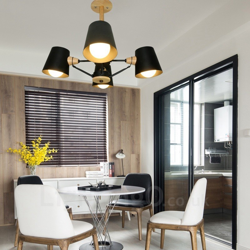 4 Light Wood Modern Contemporary Nordic style Pendant Light with Iron Shade