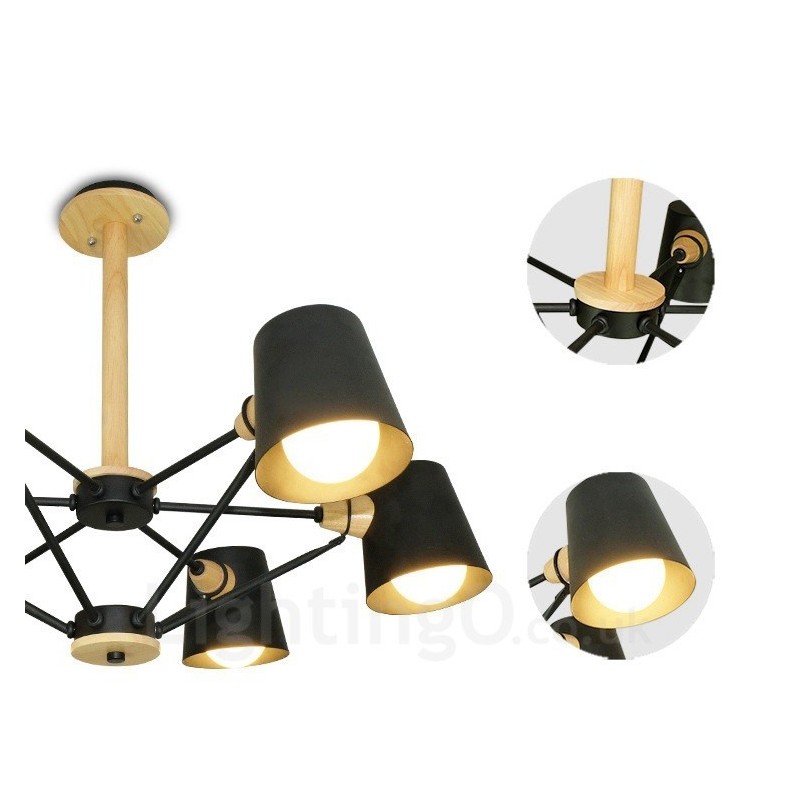 6 Light Wood Modern Contemporary Nordic style Pendant Light with Iron Shade