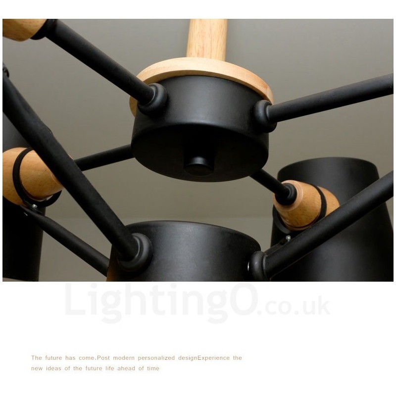 6 Light Wood Modern Contemporary Nordic style Pendant Light with Iron Shade