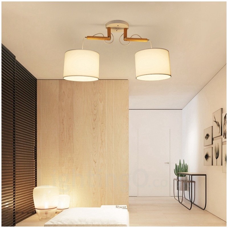 2 Light Wood Modern Contemporary Pendant Light with Fabric Shade