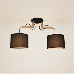 2 Light Wood Modern Contemporary Pendant Light with Fabric Shade