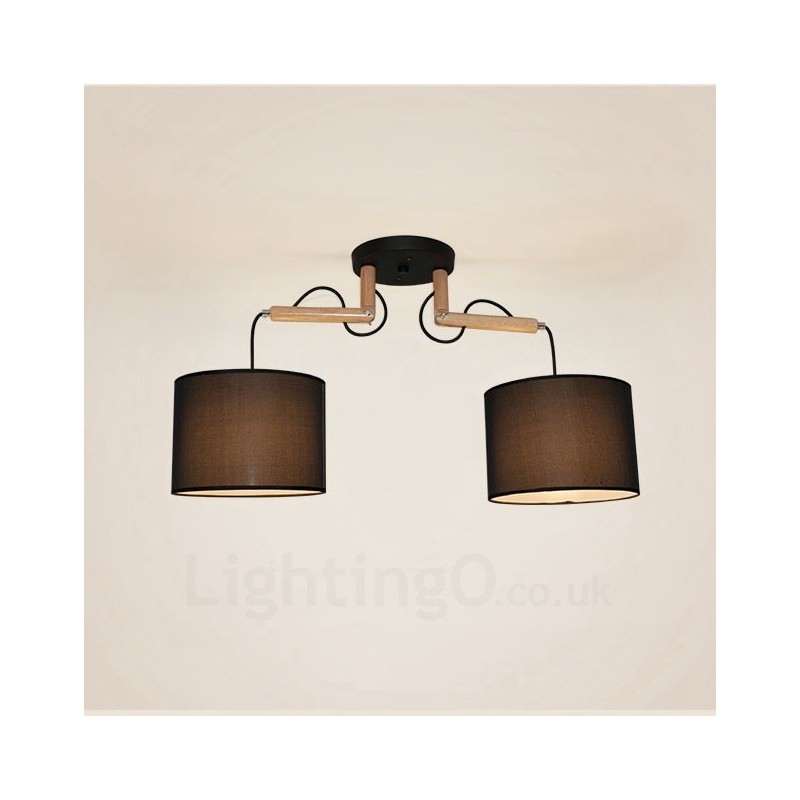 2 Light Wood Modern Contemporary Pendant Light with Fabric Shade