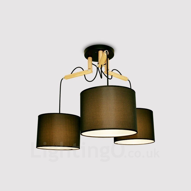 3 Light Wood Modern Contemporary Pendant Light with Fabric Shade