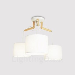 3 Light Wood Modern Contemporary Pendant Light with Fabric Shade