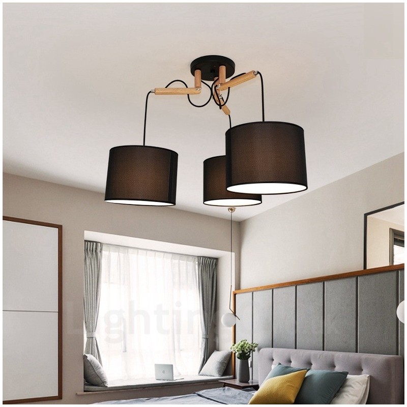 3 Light Wood Modern Contemporary Pendant Light with Fabric Shade