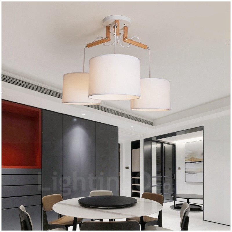 3 Light Wood Modern Contemporary Pendant Light with Fabric Shade