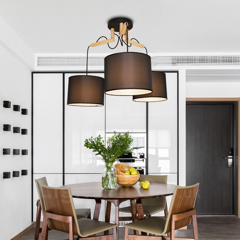 3 Light Wood Modern Contemporary Pendant Light with Fabric Shade
