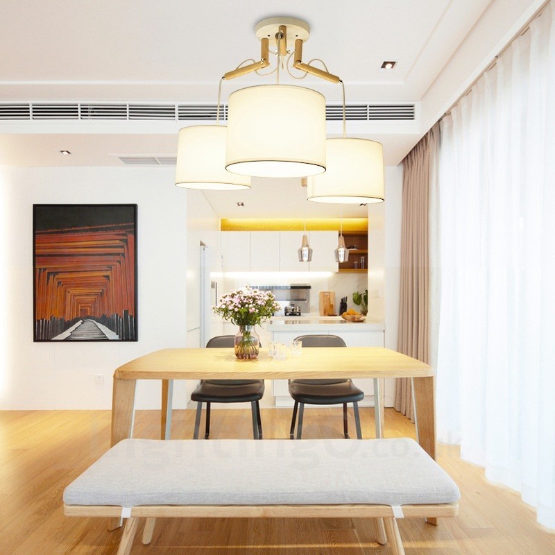 3 Light Wood Modern Contemporary Pendant Light with Fabric Shade