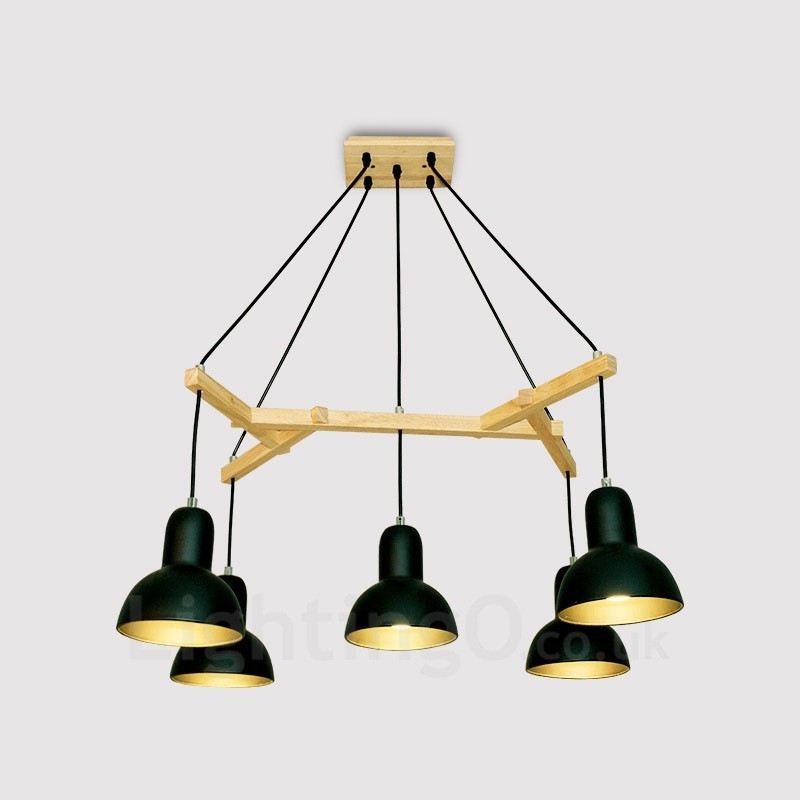 5 Light Wood Modern Contemporary Pendant Light with Iron Shade