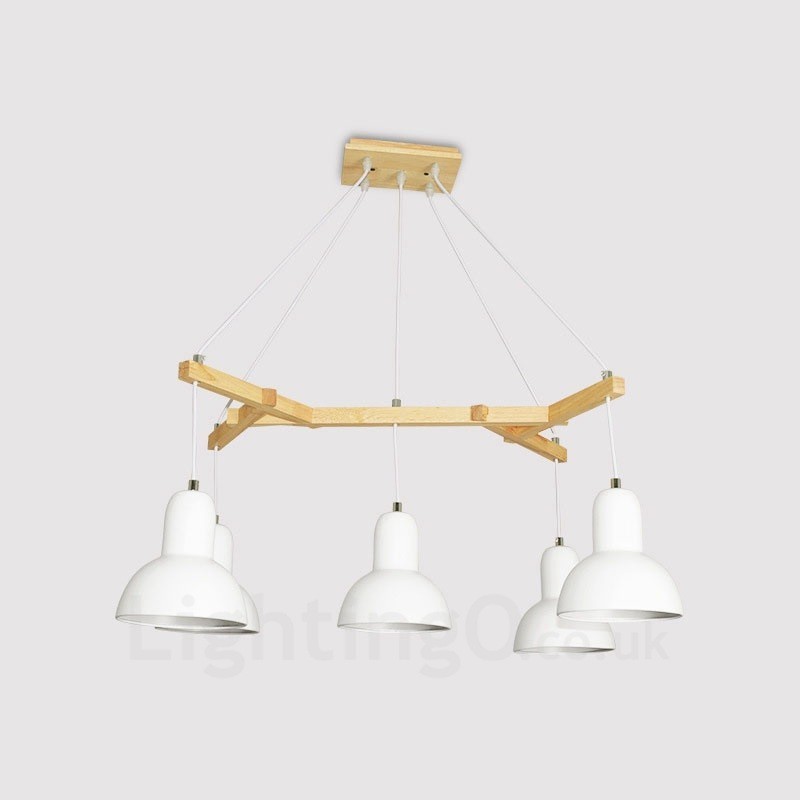 5 Light Wood Modern Contemporary Pendant Light with Iron Shade