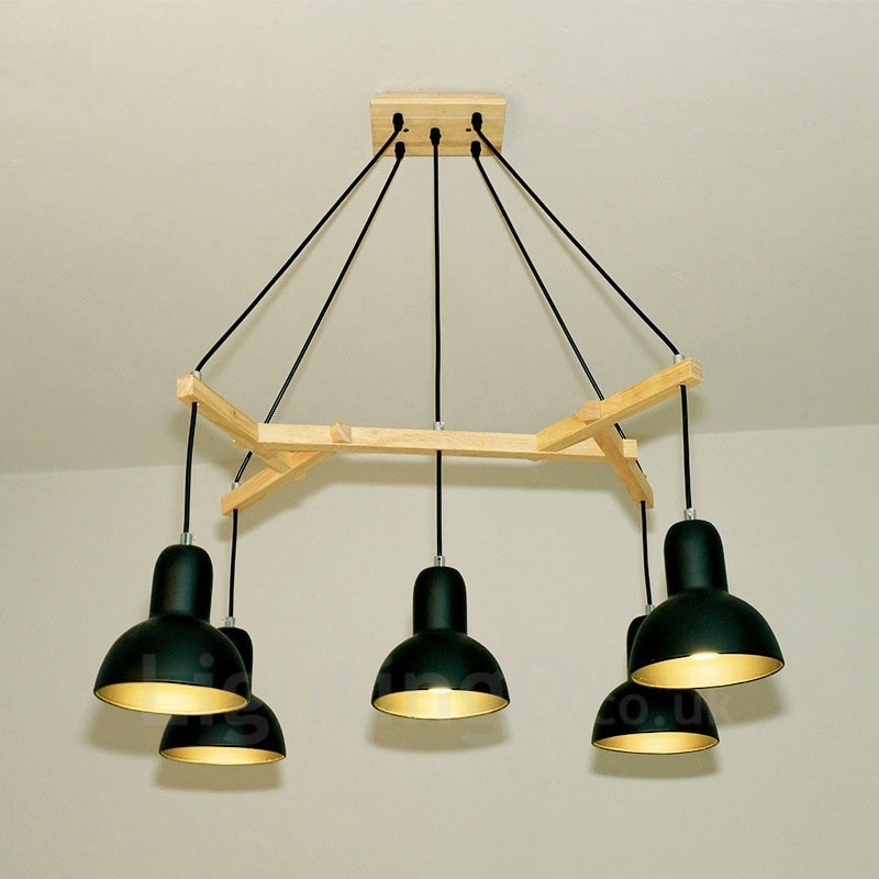 5 Light Wood Modern Contemporary Pendant Light with Iron Shade