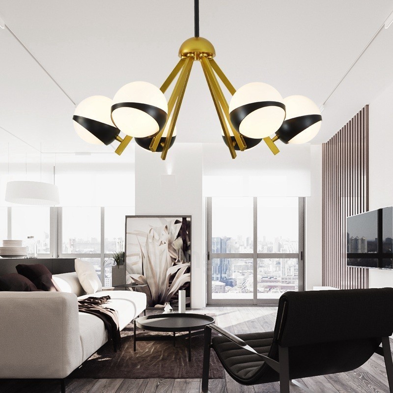 6 Light Modern Contemporary Nordic style Ceiling Lights Chandelier with Black and White Ball Glass Shade