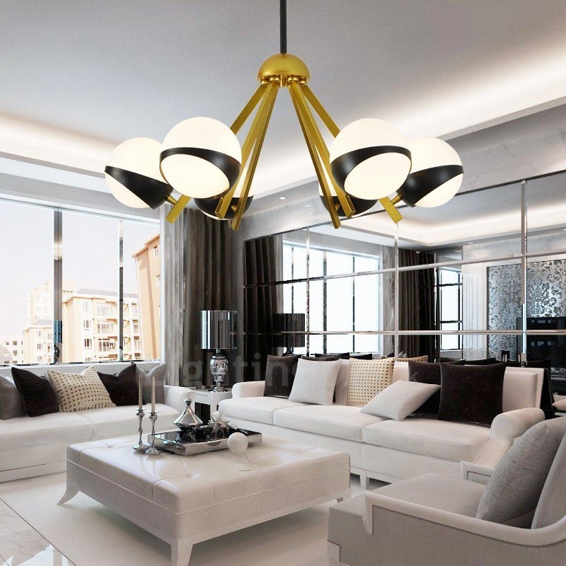 6 Light Modern Contemporary Nordic style Ceiling Lights Chandelier with Black and White Ball Glass Shade