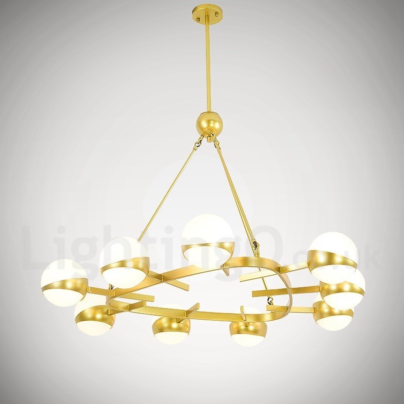 9 Light Modern Contemporary Nordic style Ceiling Lights Copper Plating Chandelier with Gold and White Ball Glass Shade