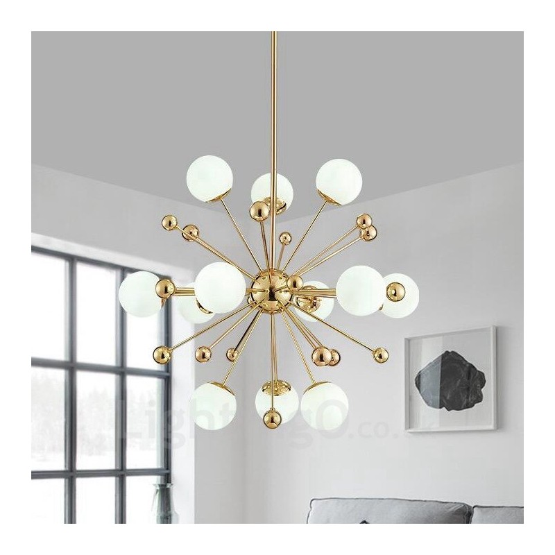 12 Light Modern Contemporary Ceiling Lights Copper Plating Chandelier with White Ball Glass Shade