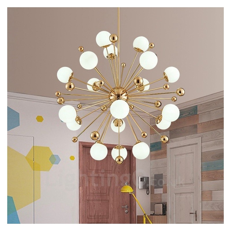 18 Light Modern Contemporary Ceiling Lights Copper Plating Chandelier with White Ball Glass Shade