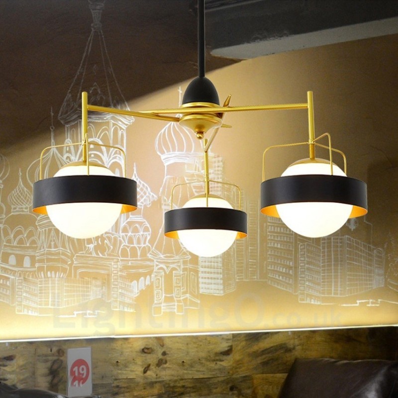 3 Light Modern Contemporary Ceiling Lights Copper Plating Chandelier with White & Black Ball Glass Shade