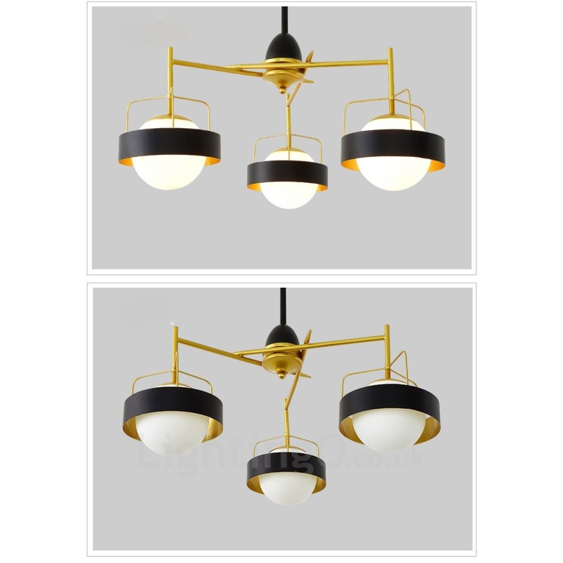 3 Light Modern Contemporary Ceiling Lights Copper Plating Chandelier with White & Black Ball Glass Shade