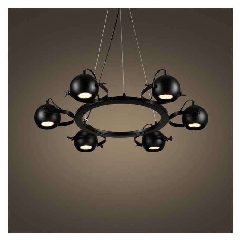 6 Light Retro Vintage Black Iron Pendant Light with Black Iron Ball Shades