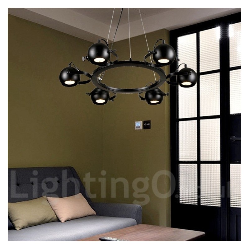 6 Light Retro Vintage Black Iron Pendant Light with Black Iron Ball Shades