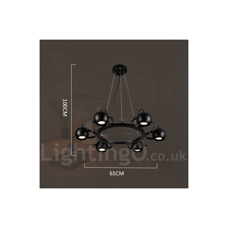 6 Light Retro Vintage Black Iron Pendant Light with Black Iron Ball Shades