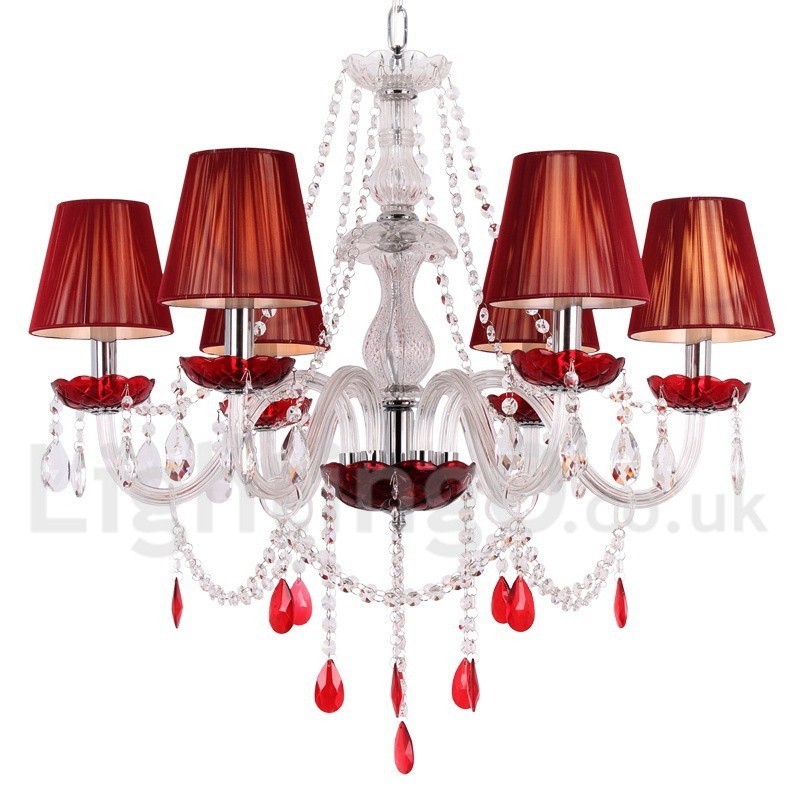 6 Light Red K9 Crystal Candle Style Chandelier