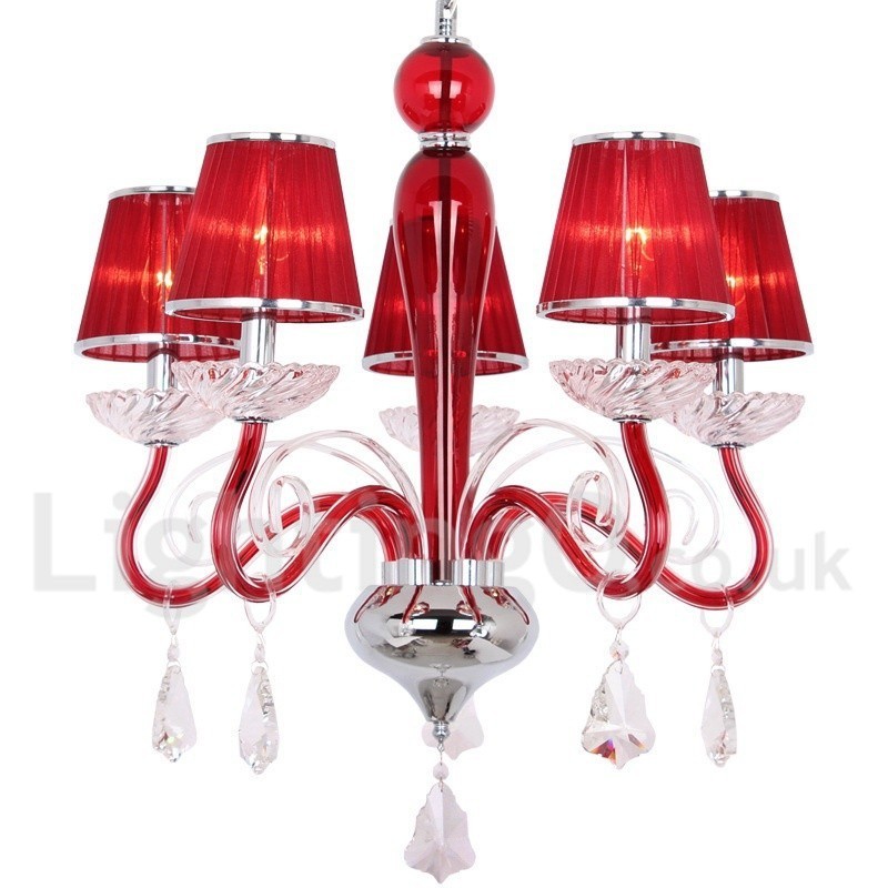 5 Light Red Contemporary K9 Crystal Candle Style Chandelier