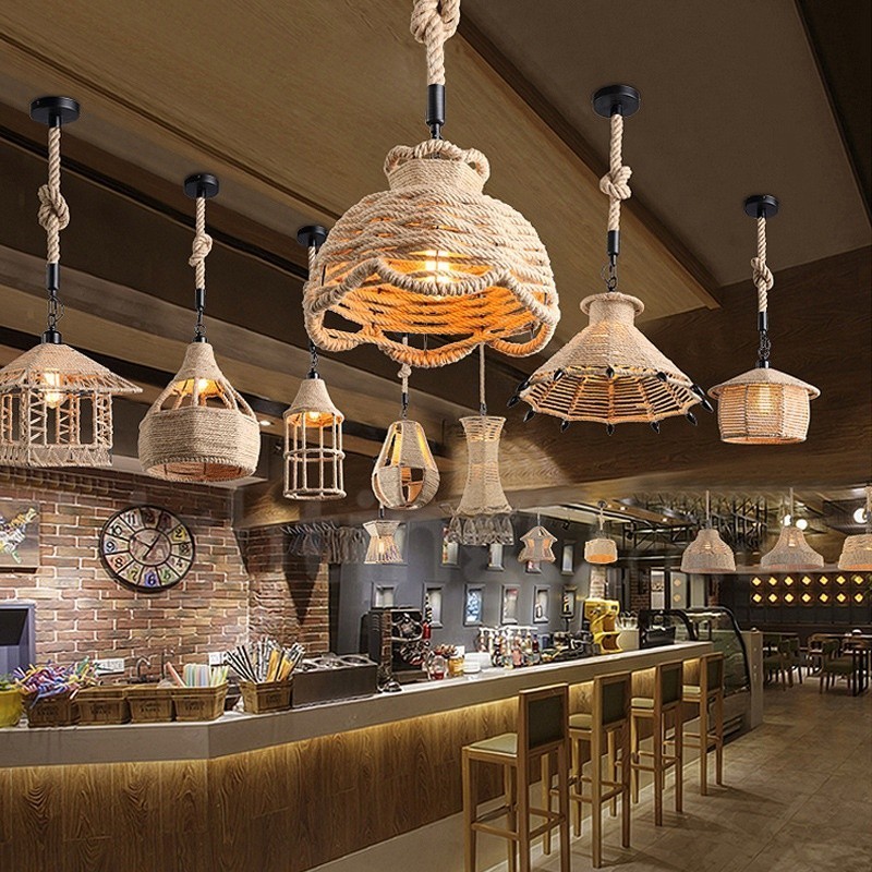 1 Light Rustic Lodge Pendant Light Cafe Hemp Rope Pendant Lamp