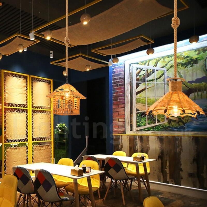 1 Light Rustic Lodge Pendant Light Cafe Hemp Rope Pendant Lamp