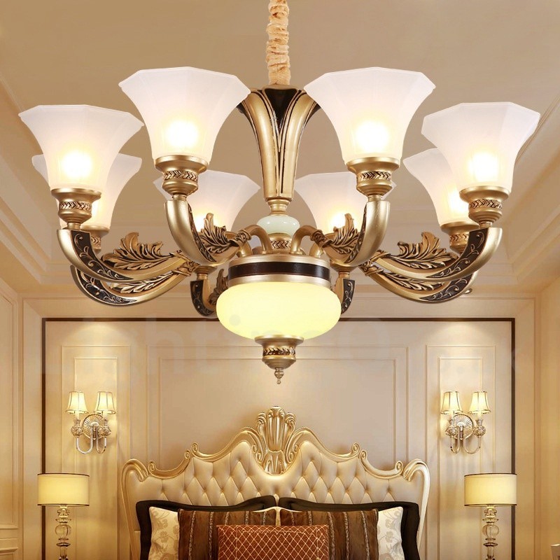 8 Light Retro Traditional Luxury Lobby Chandelier with Glass Shade