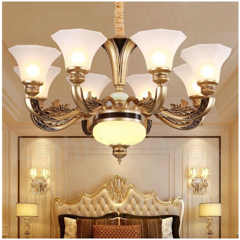 8 Light Retro Traditional Luxury Lobby Chandelier with Glass Shade