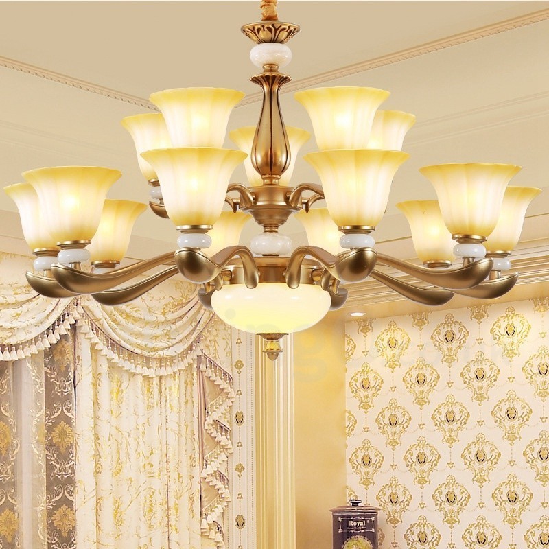 15 Light Retro Traditional Luxury Zinc alloy Chandelier with Glass Shade