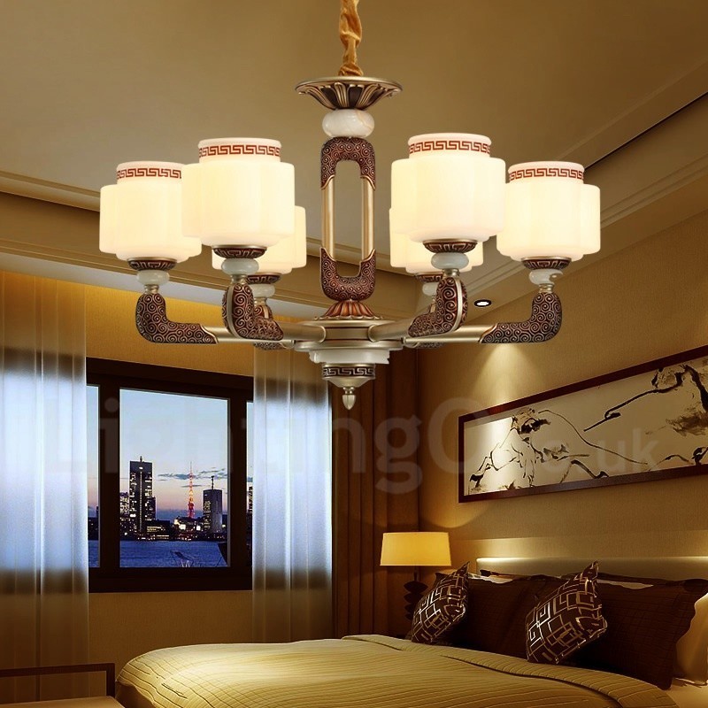 6 Light Retro Traditional Zinc alloy Luxury Lobby Chandelier with Glass Shade