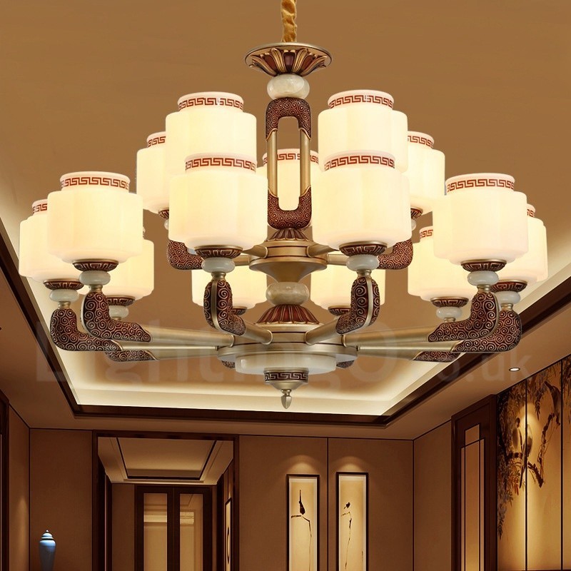 15 Light Retro Traditional Zinc alloy Luxury Lobby Chandelier with Glass Shade