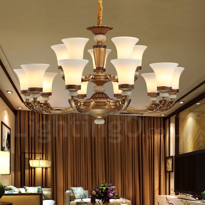 15 Light Retro Traditional Zinc alloy Luxury Lobby Chandelier with Glass Shade