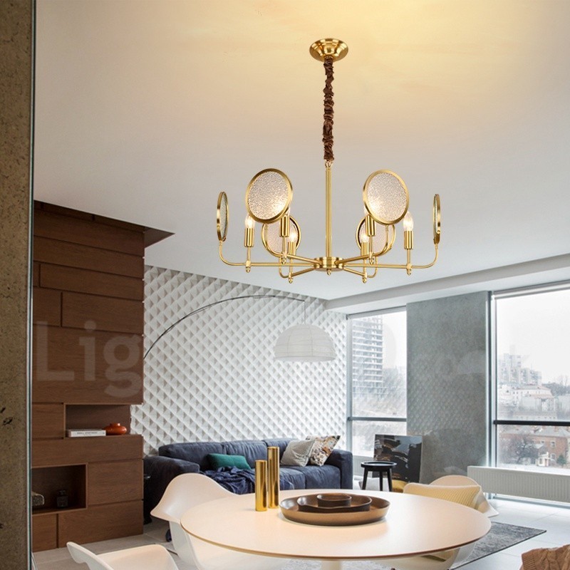 6 Light Retro Rustic Luxury Brass Pendant Lamp Chandelier with Glass Shade