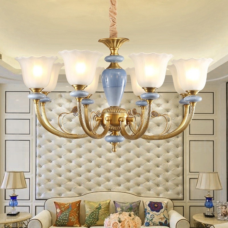 8 Light Retro Rustic Luxury Brass Pendant Lamp Chandelier with Glass Shade