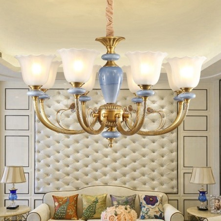 8 Light Retro Rustic Luxury Brass Pendant Lamp Chandelier with Glass Shade