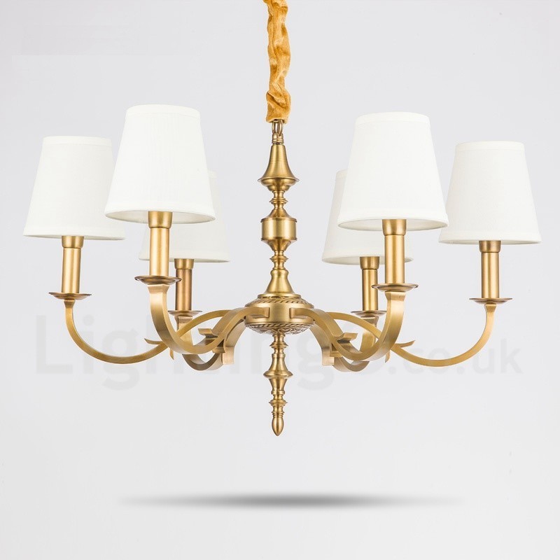 6 Light Retro Rustic Luxury Brass Pendant Lamp Chandelier with Fabric Shade