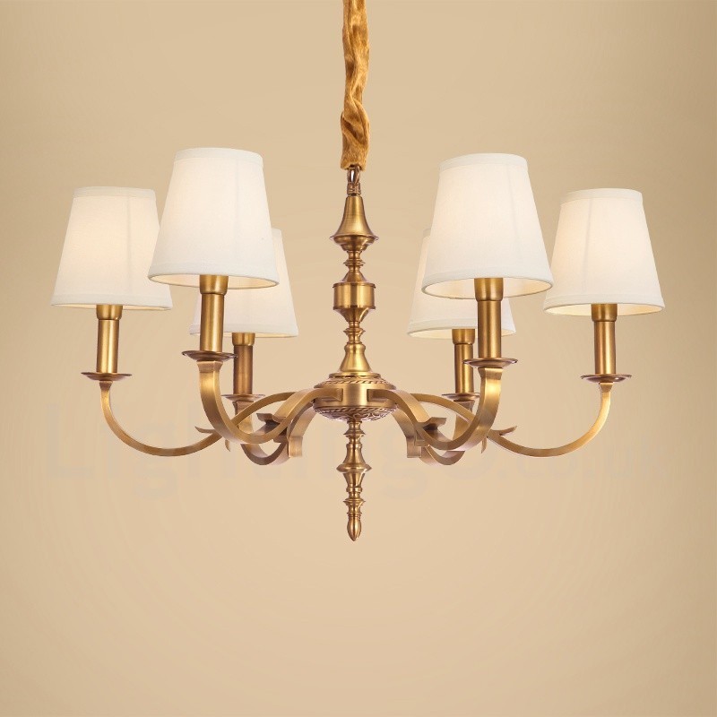 6 Light Retro Rustic Luxury Brass Pendant Lamp Chandelier with Fabric Shade