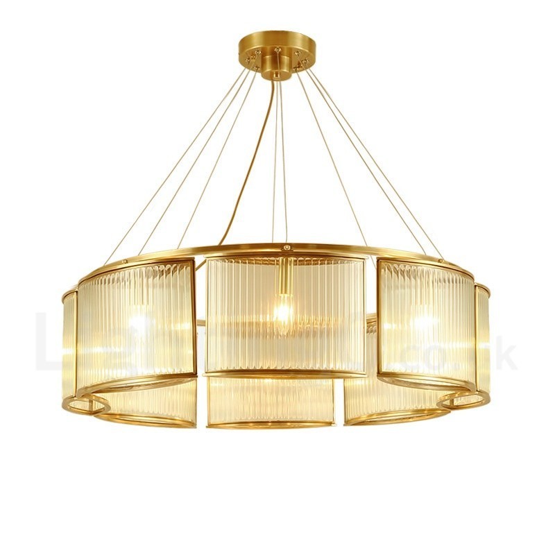 8 Light Retro Rustic Luxury Brass Pendant Lamp Chandelier with Glass Shade