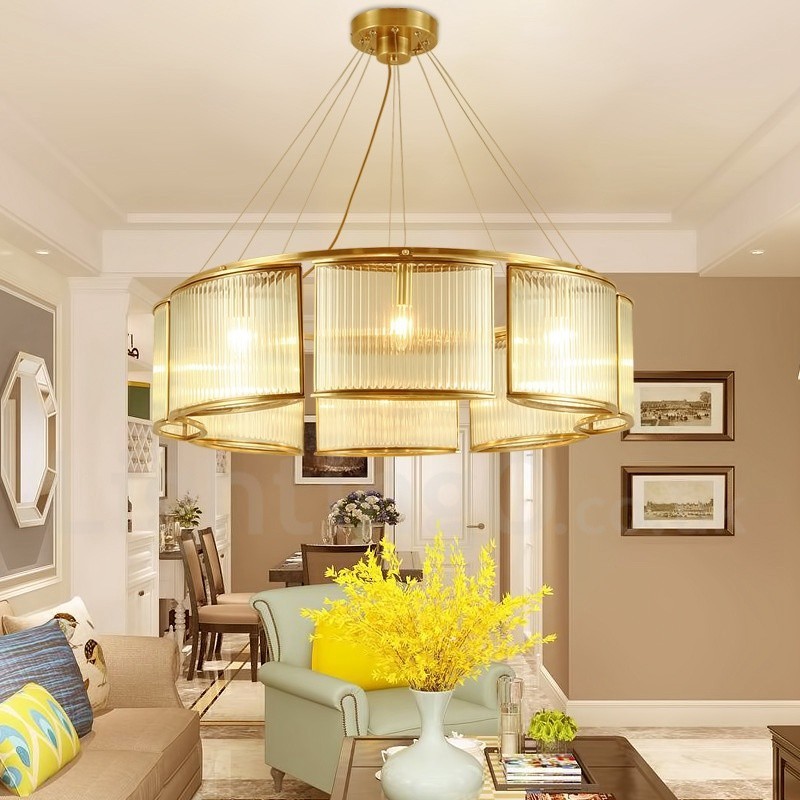 8 Light Retro Rustic Luxury Brass Pendant Lamp Chandelier with Glass Shade