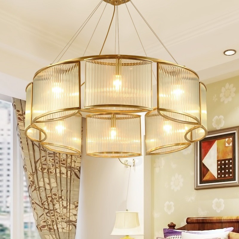 8 Light Retro Rustic Luxury Brass Pendant Lamp Chandelier with Glass Shade