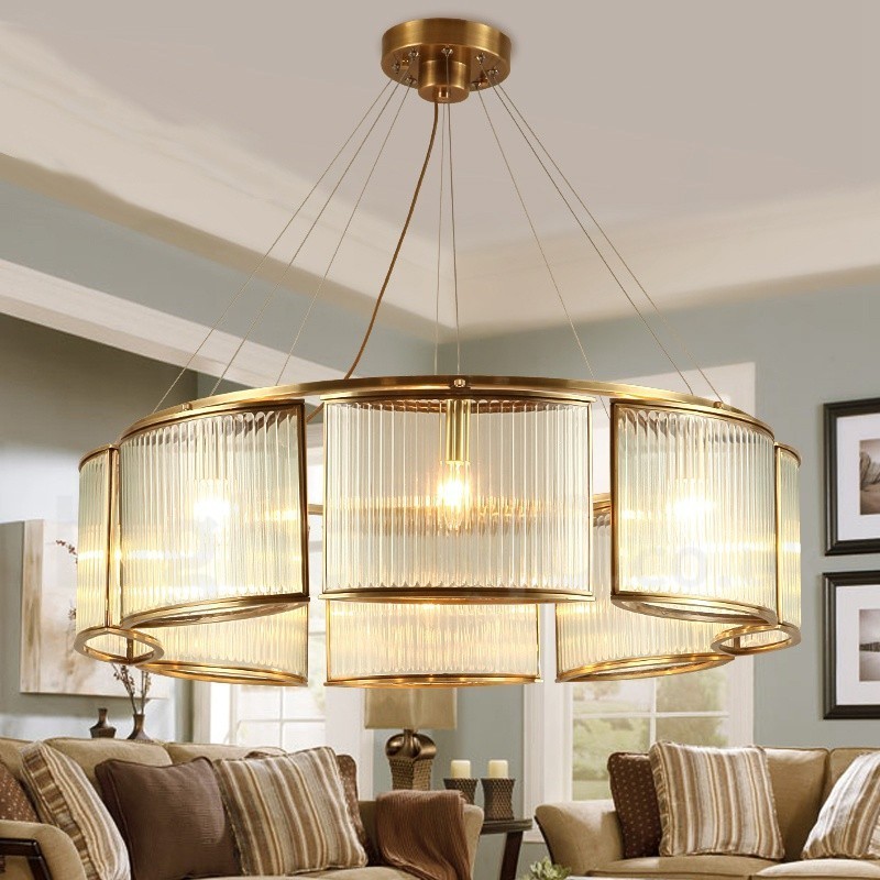 8 Light Retro Rustic Luxury Brass Pendant Lamp Chandelier with Glass Shade
