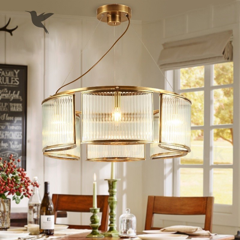6 Light Retro Rustic Luxury Brass Pendant Lamp Chandelier with Glass Shade