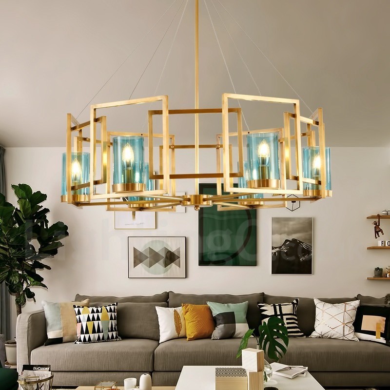 6 Light Retro Rustic Luxury Brass Pendant Lamp Chandelier with Glass Shade