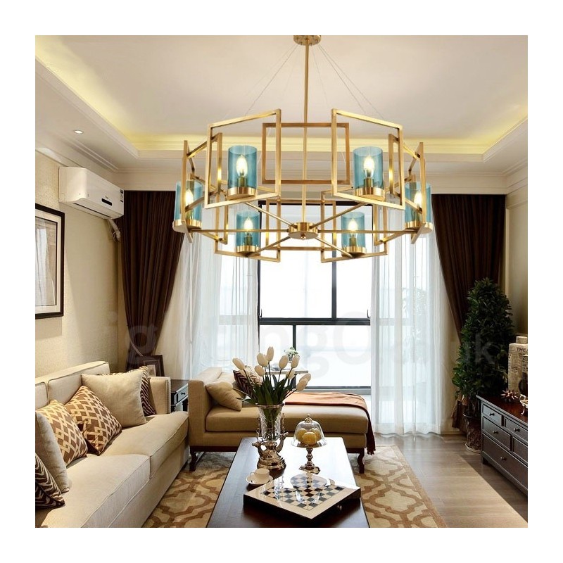 6 Light Retro Rustic Luxury Brass Pendant Lamp Chandelier with Glass Shade