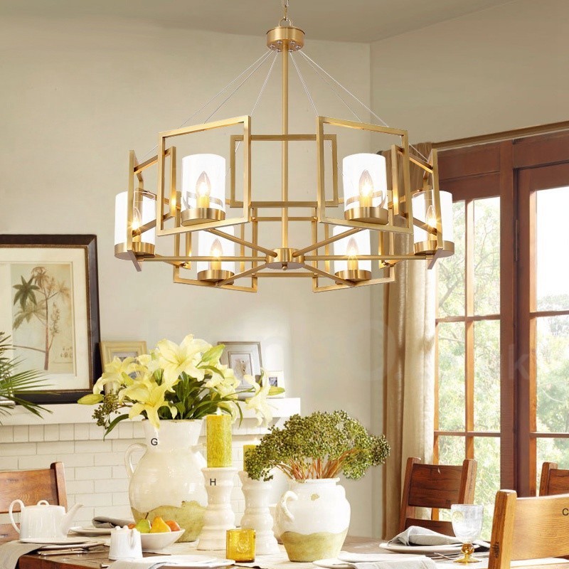 6 Light Retro Rustic Luxury Brass Pendant Lamp Chandelier with Glass Shade