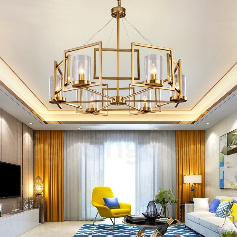 6 Light Retro Rustic Luxury Brass Pendant Lamp Chandelier with Glass Shade