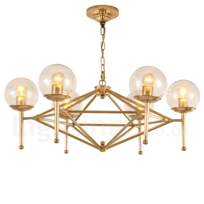 6 Light Retro Rustic Luxury Brass Pendant Lamp Chandelier with Glass Shade
